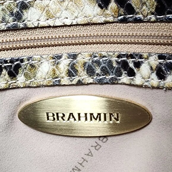 Brahmin Louise Rose Embossed Snakeskin Leather Satchel Handbag Brown Trim Strap - Picture 7 of 16